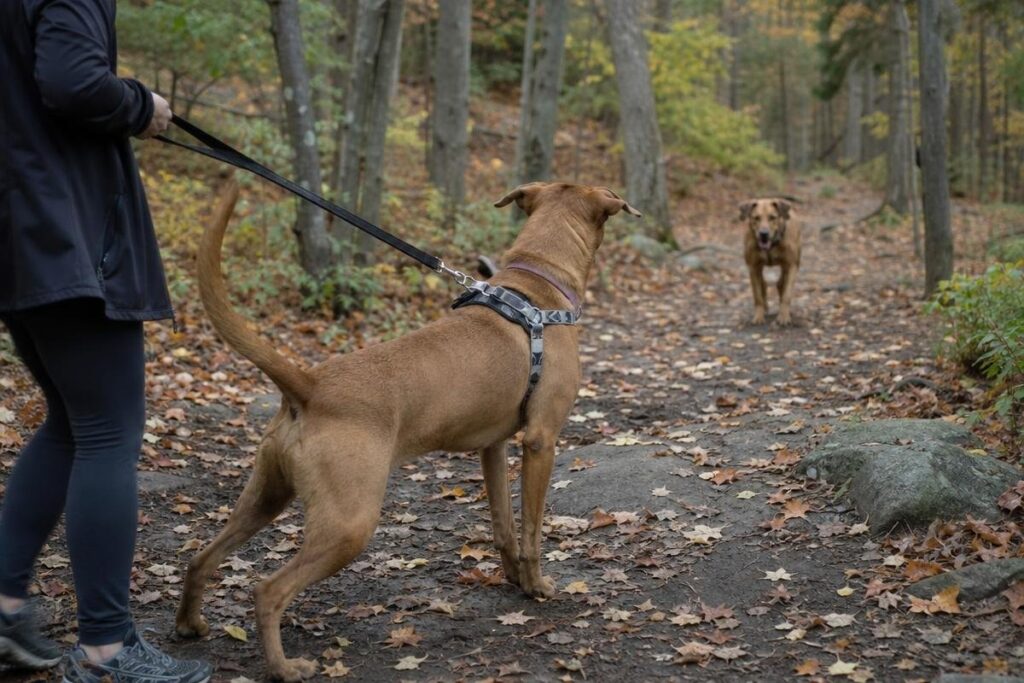 Leashed dog with raised tail and alert stance reacting to another dog approaching on a wooded trail