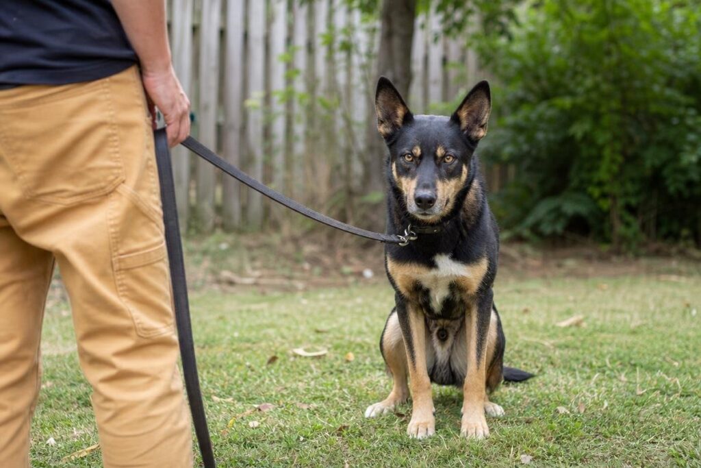 Dog sitting on leash with a hard, fixed stare directed at its owner in a backyard setting