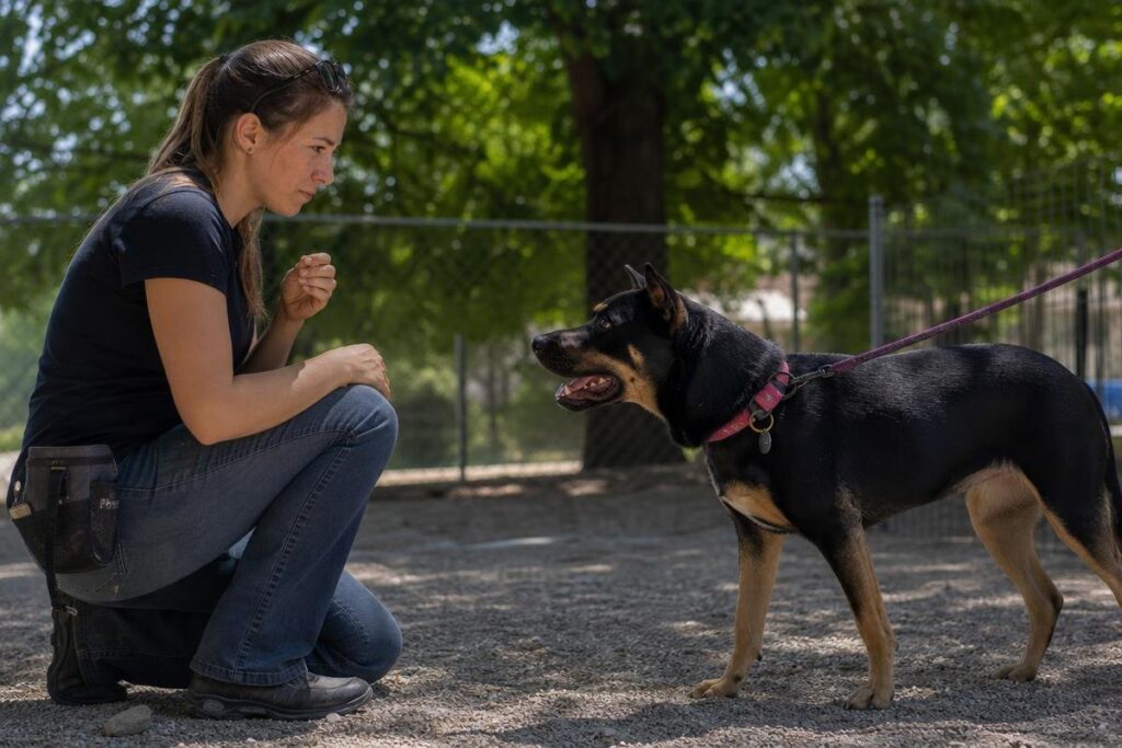 Woman crouching to assess a leashed dog showing an open mouth and tense expression during outdoor training