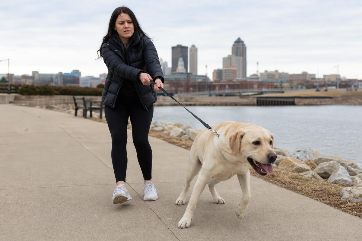 Yellow Labrador Retriever on leash in Des Moines park during training walk