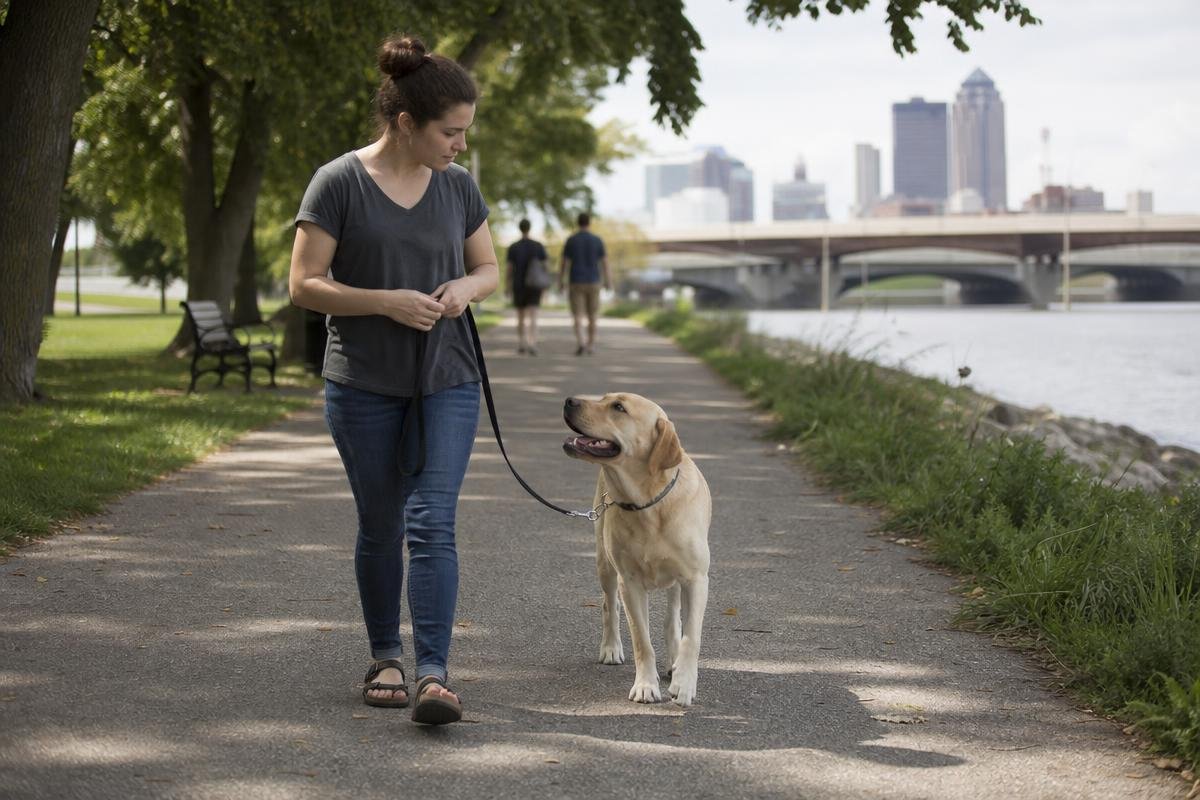 Woman walking yellow Labrador Retriever on leash along Des Moines river trail