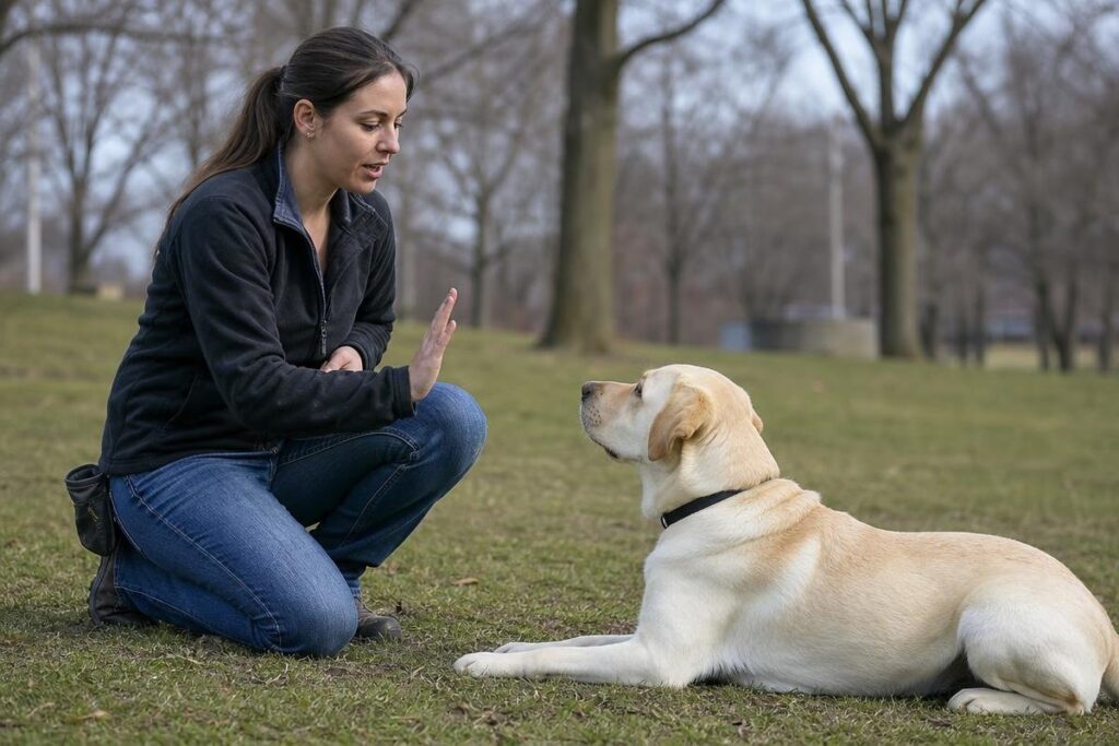 Yellow Labrador Retriever sitting attentively during training session