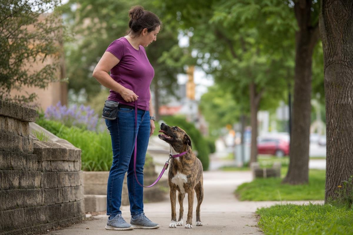 Woman training brindle rescue dog on leash on Des Moines neighborhood sidewalk