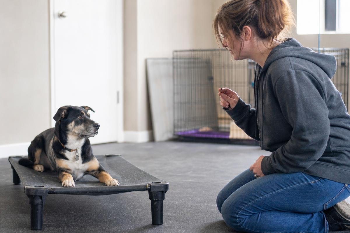 Trainer working with rescue dog on place command during board and train session