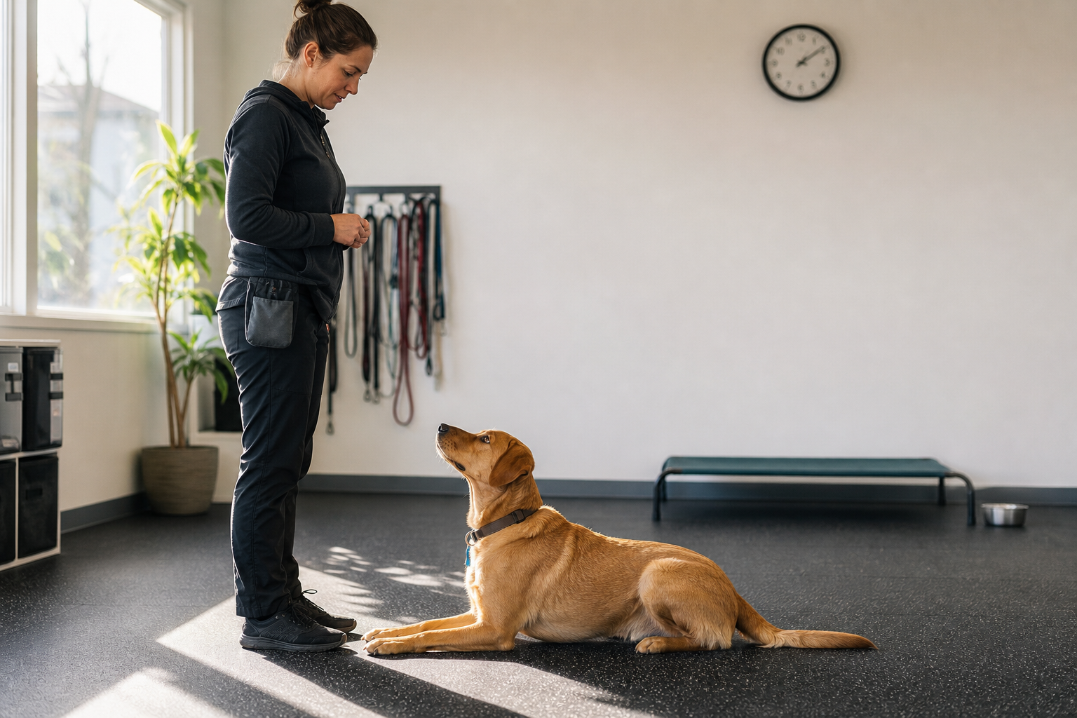 Trainer standing over a tan dog lying down in an indoor training room