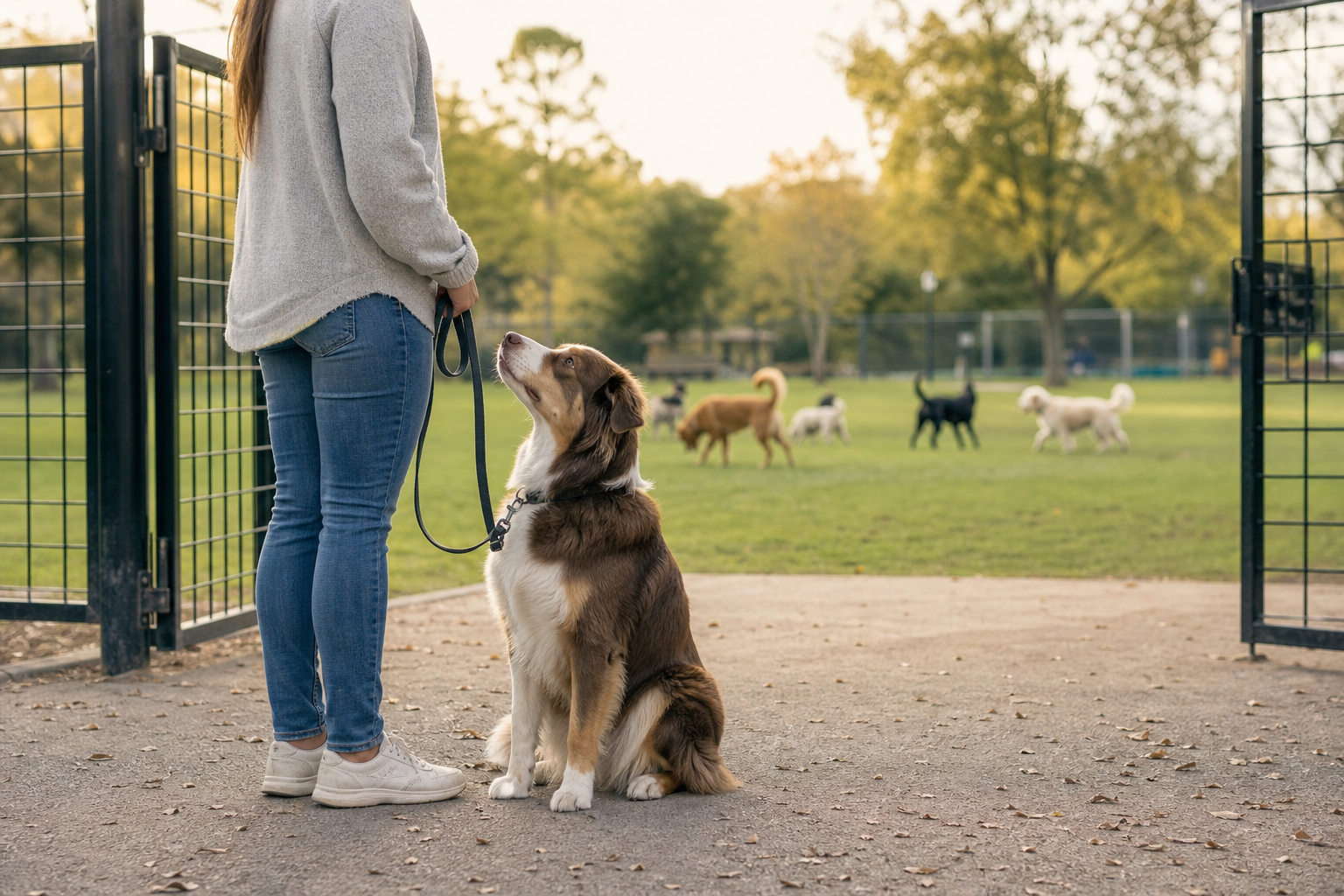 Person holding a leashed brown-and-white dog sitting at the entrance to a fenced dog park