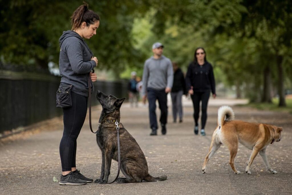 handler managing leash reactivity in dogs on a busy Oklahoma City trail