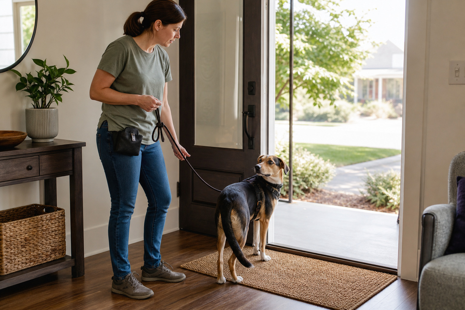 Woman holding a leashed dog beside an open front door