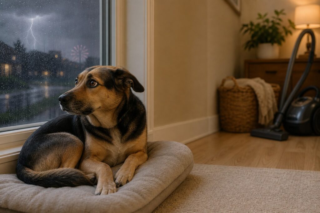 anxious dog resting on its bed during a thunderstorm in a Des Moines home