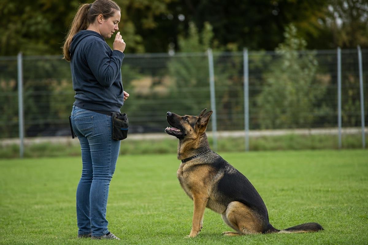 Trainer giving a hand signal to a seated German Shepherd