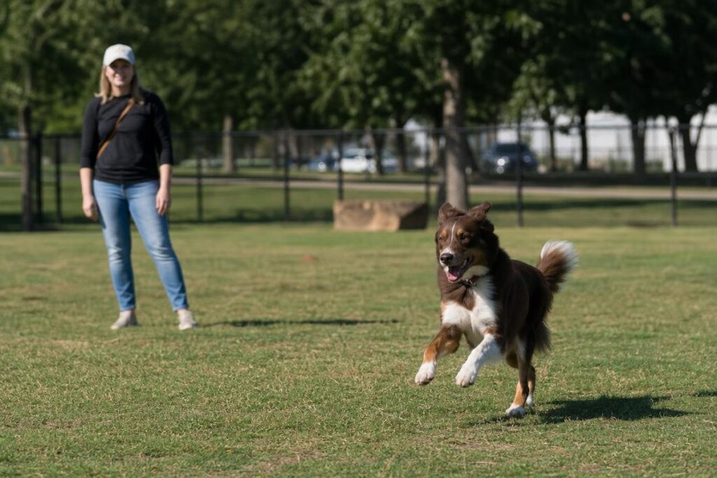 dog at a Dallas dog park running off-leash in open green space