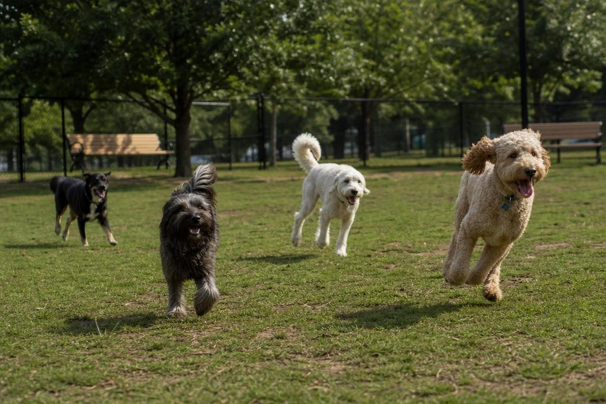 off-leash dog parks Dallas with dogs playing in large fenced area