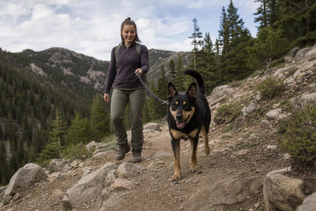 owner hiking with dogs on a Denver-area mountain trail