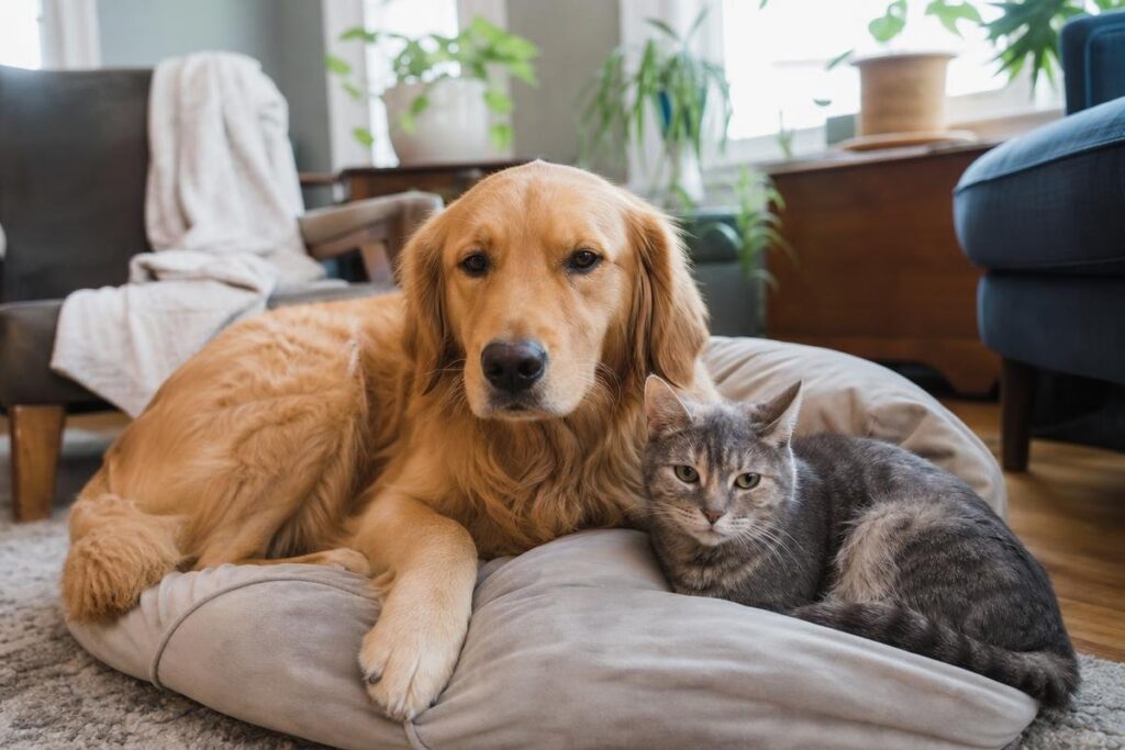 dog and cat training in Des Moines showing calm multi-pet household coexistence