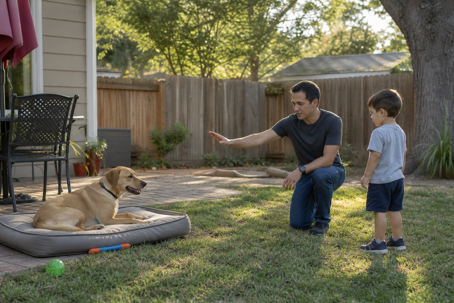 Trainer showing a child how to give a resting dog space in a fenced backyard