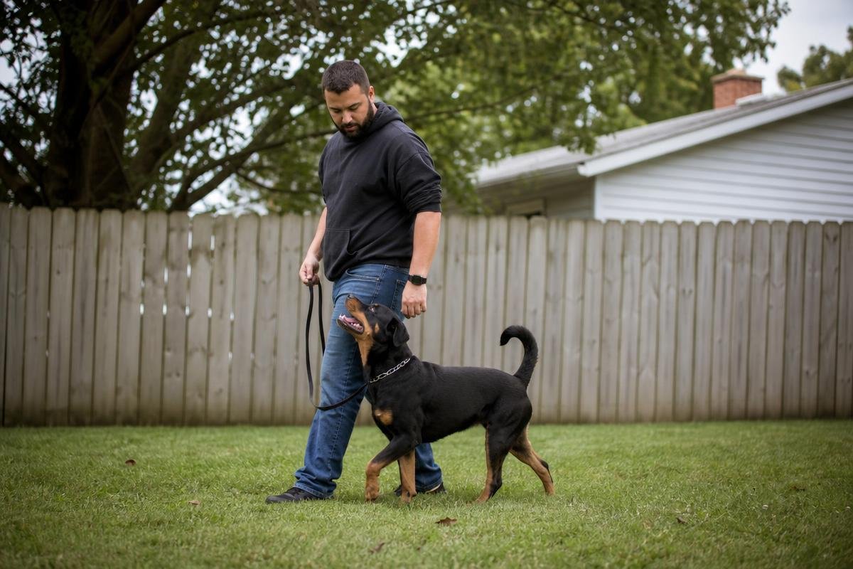 dog holding heel position beside a handler's leg during a training session