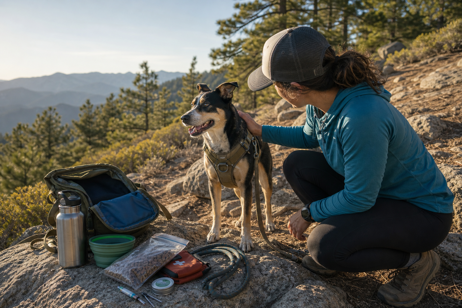 hiker kneeling beside a leashed dog with hiking gear on a rocky mountain trail