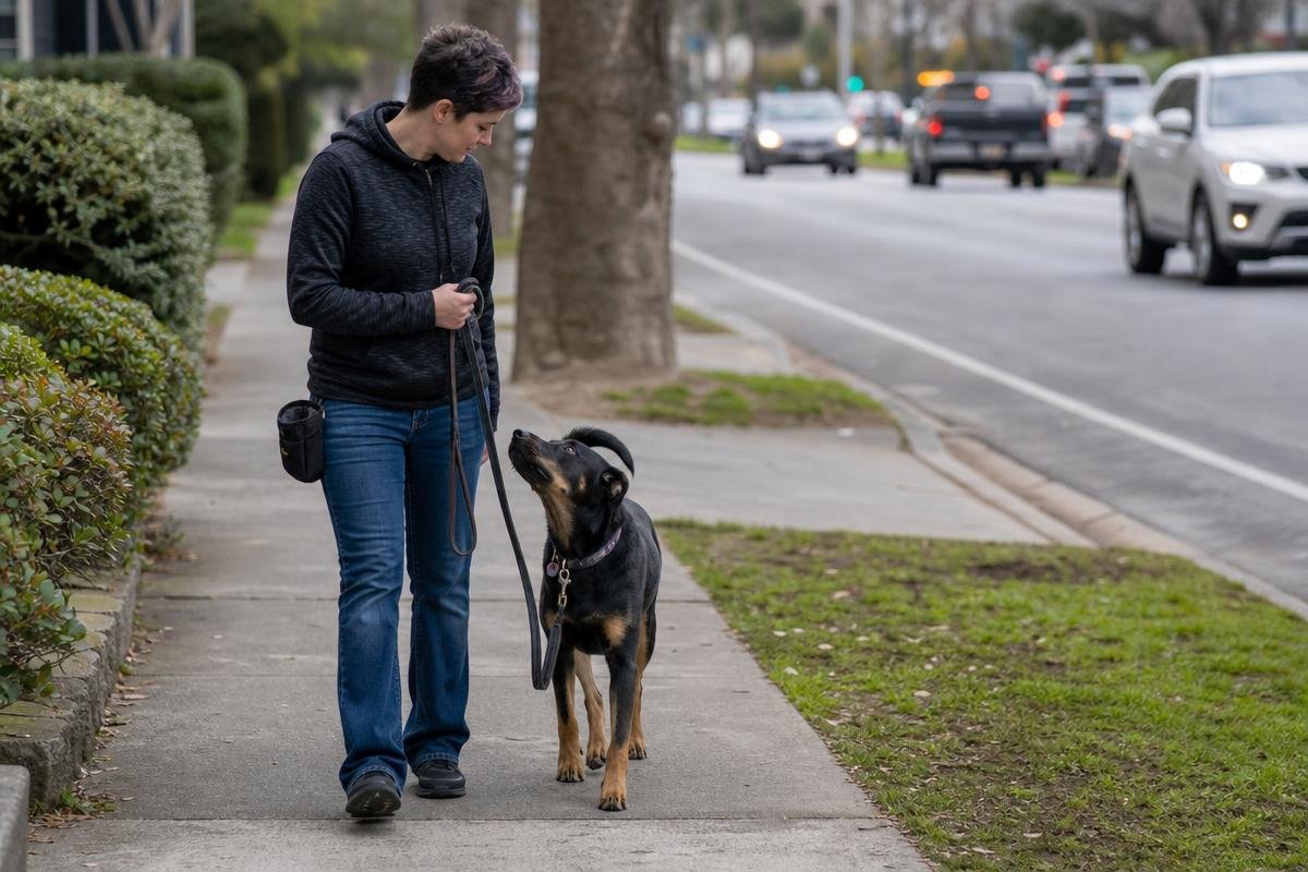 professional handler correcting leash reactivity with a dog near a busy path