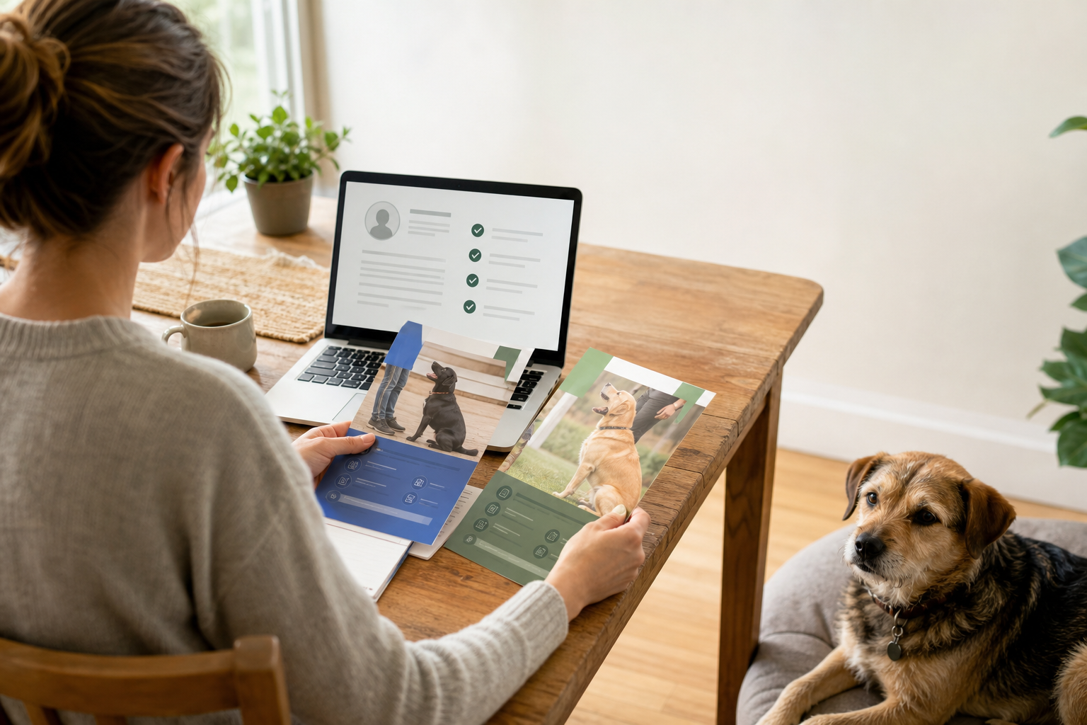 Dog owner reviewing trainer credentials on a laptop with her dog nearby