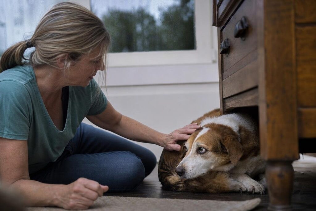 dog showing anxiety symptoms during thunderstorm in Des Moines home