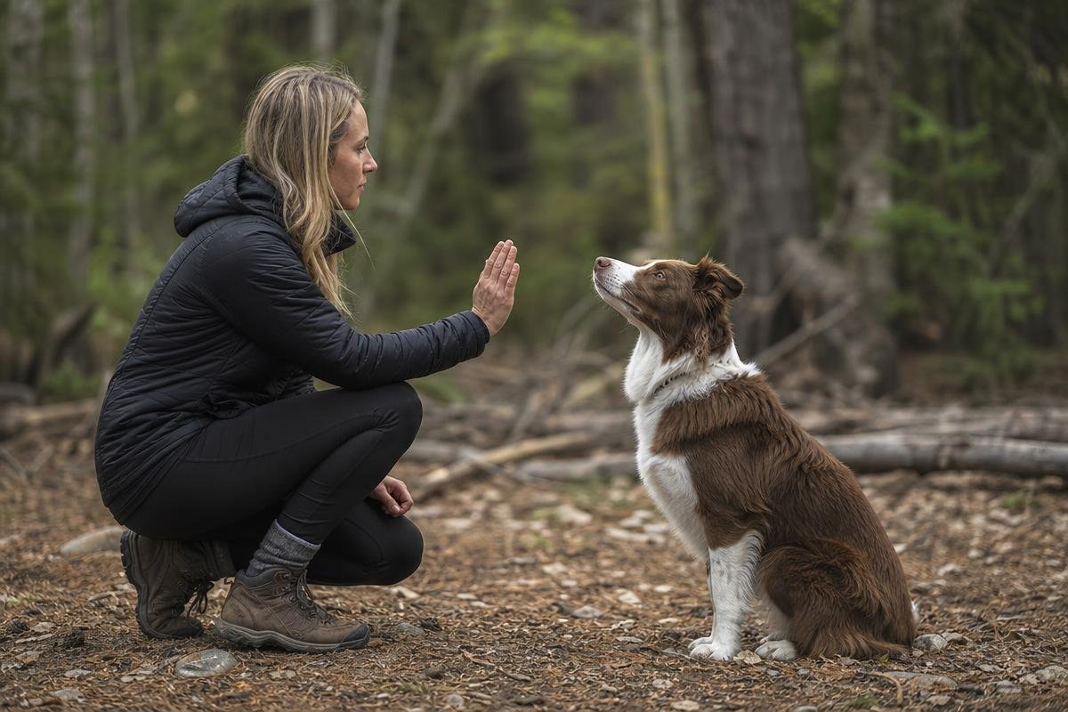trainer working with a leashed dog on a rocky mountain trail