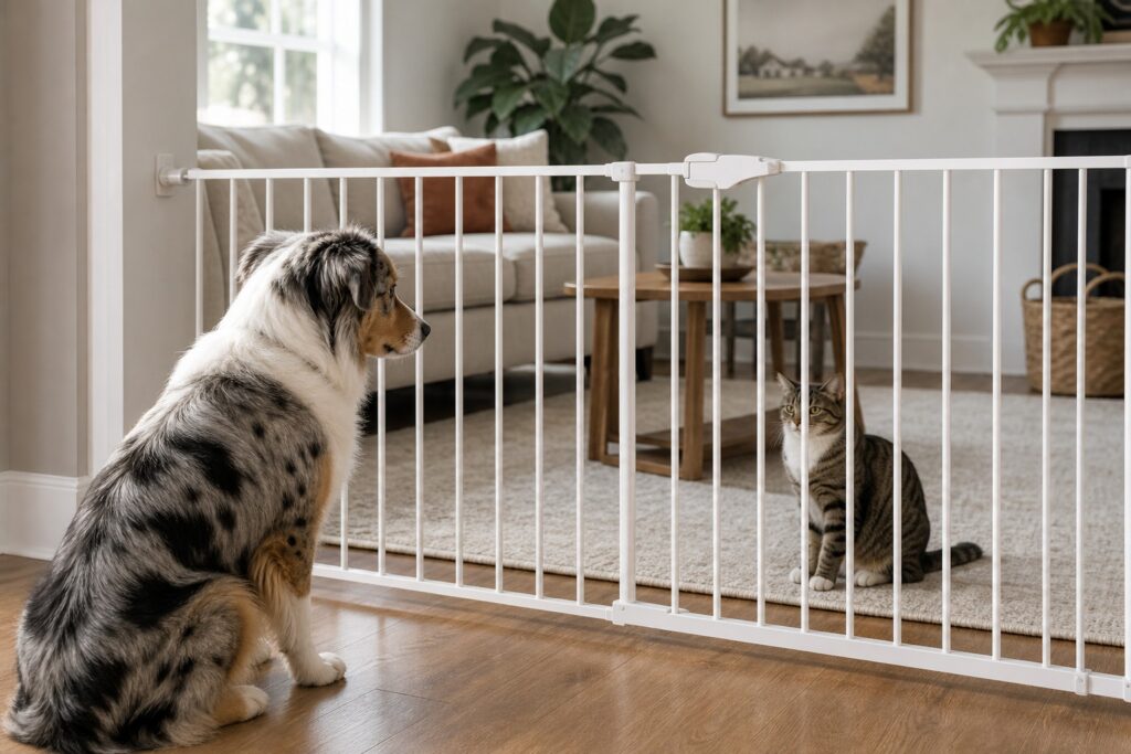 dog watching a cat through a baby gate during graduated exposure training in a Des Moines home