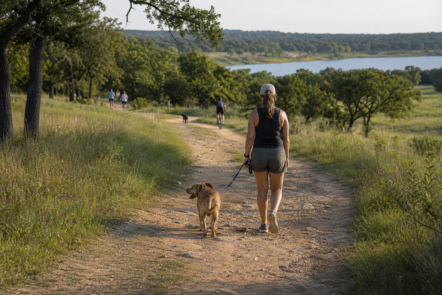 woman walking a leashed dog on a lakeside trail