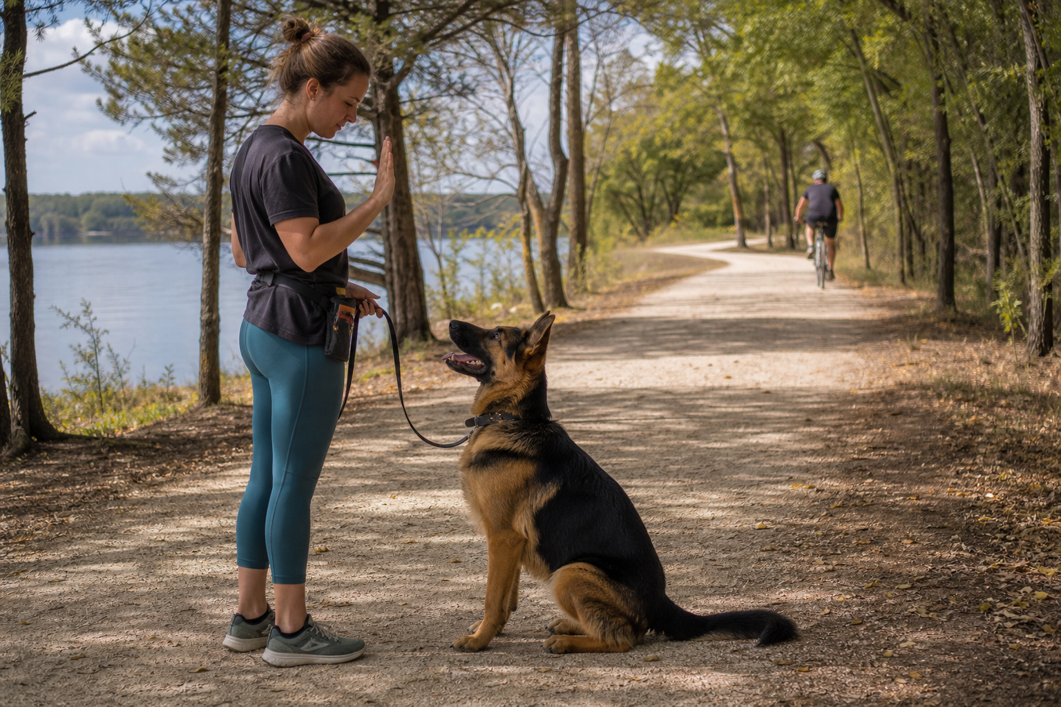 woman training a German Shepherd on a wooded lakeside trail