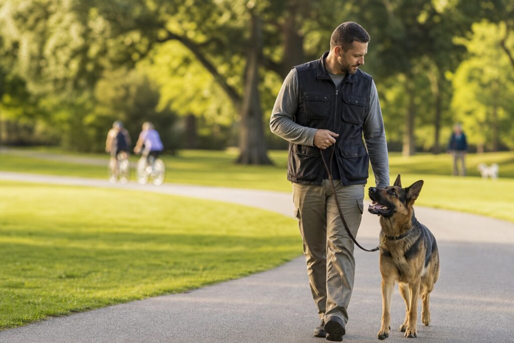 German Shepherd walking on leash with a trainer on a Des Moines park path