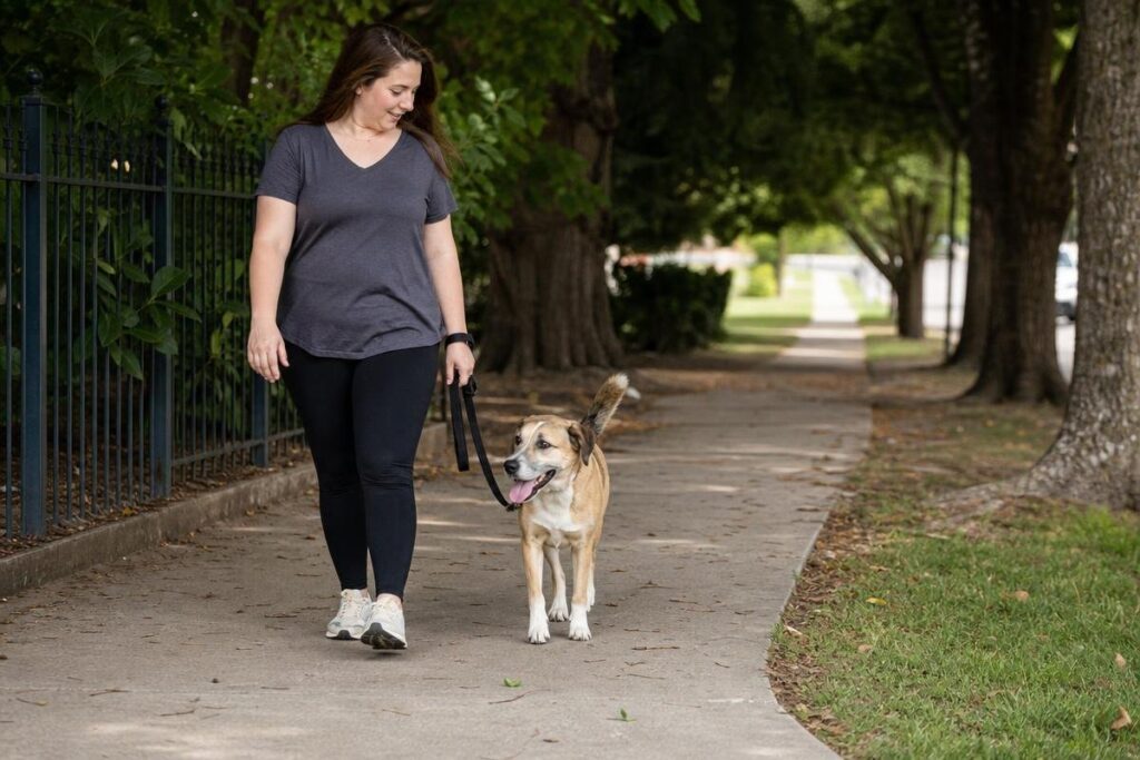 trainer walking a dog in loose-leash heel position on a residential sidewalk