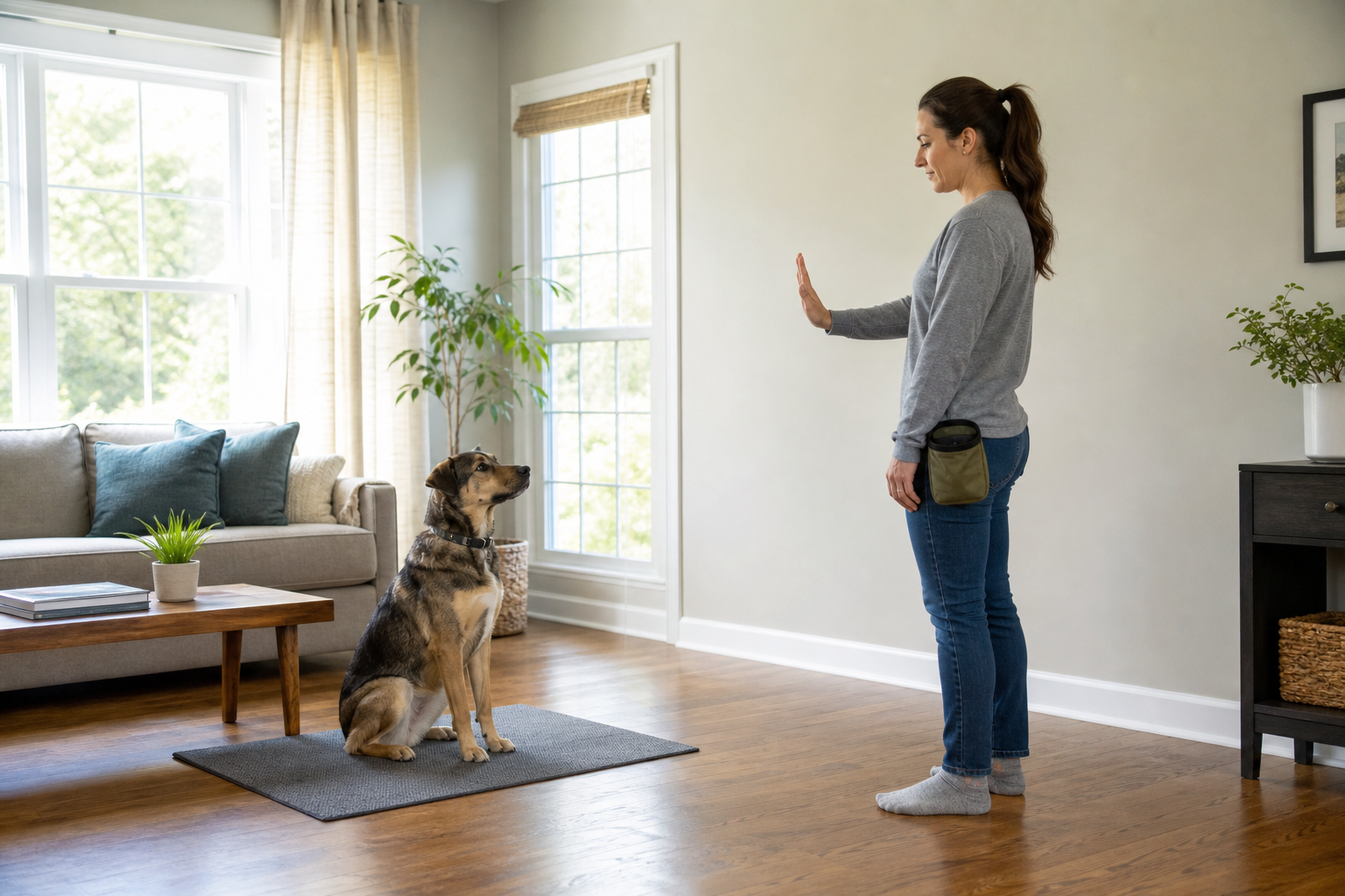 Woman giving a hand signal to a dog seated on a mat indoors