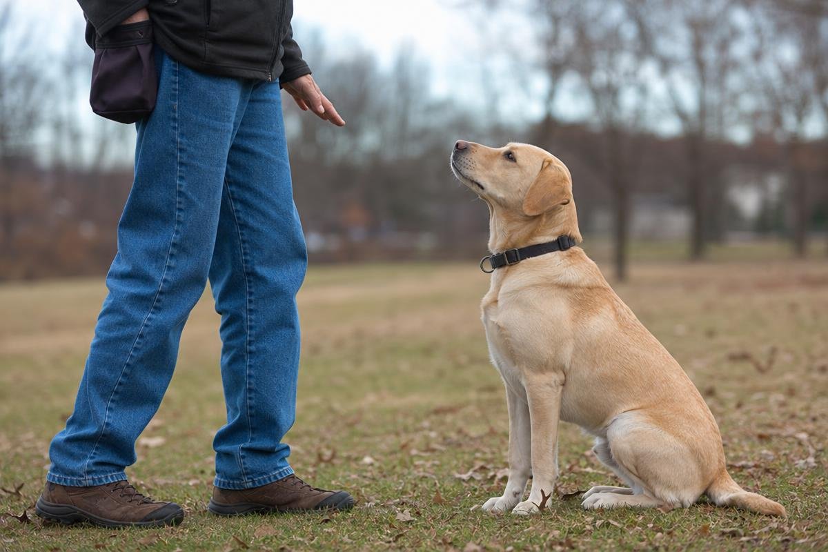 Handler practicing impulse control with a seated Labrador Retriever