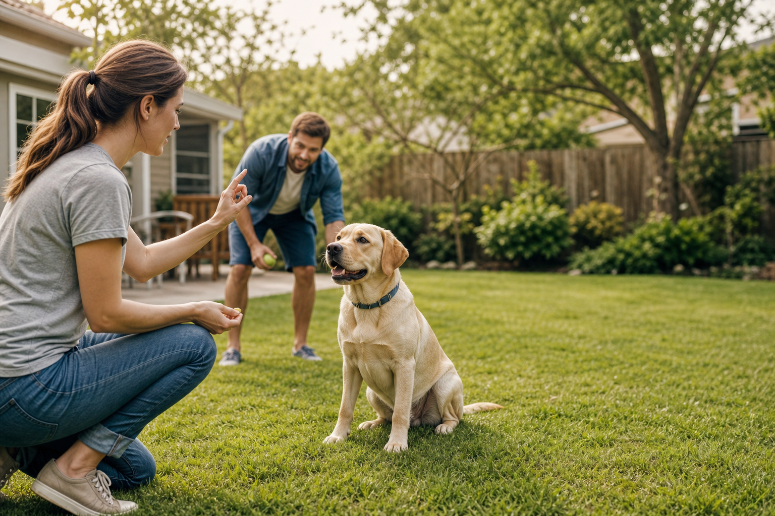 Woman training a Labrador Retriever in a backyard while another person observes