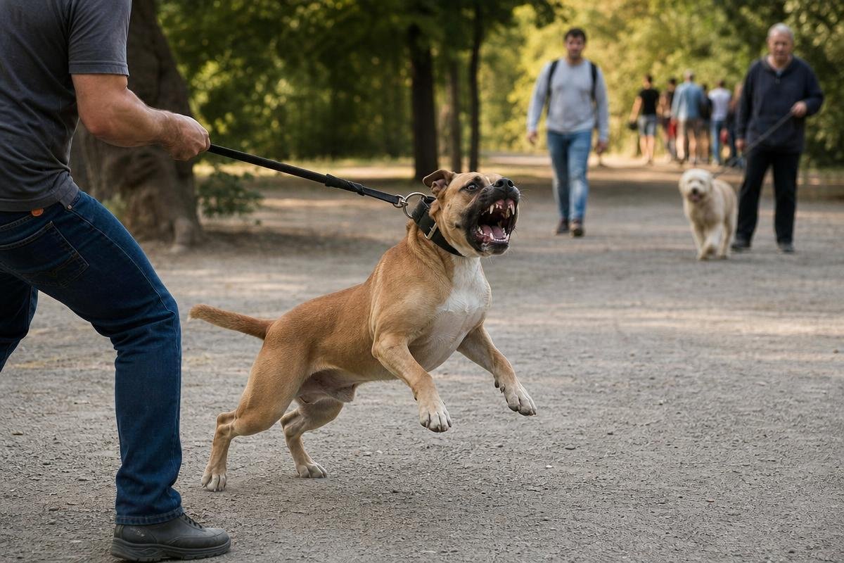 Leash-reactive dog lunging while another dog passes in a park