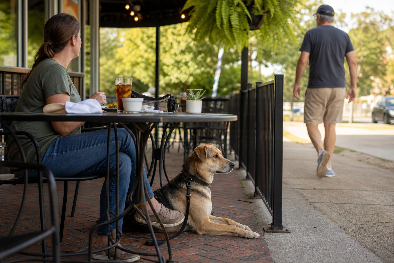 Leashed dog lying beside a woman at an outdoor restaurant patio