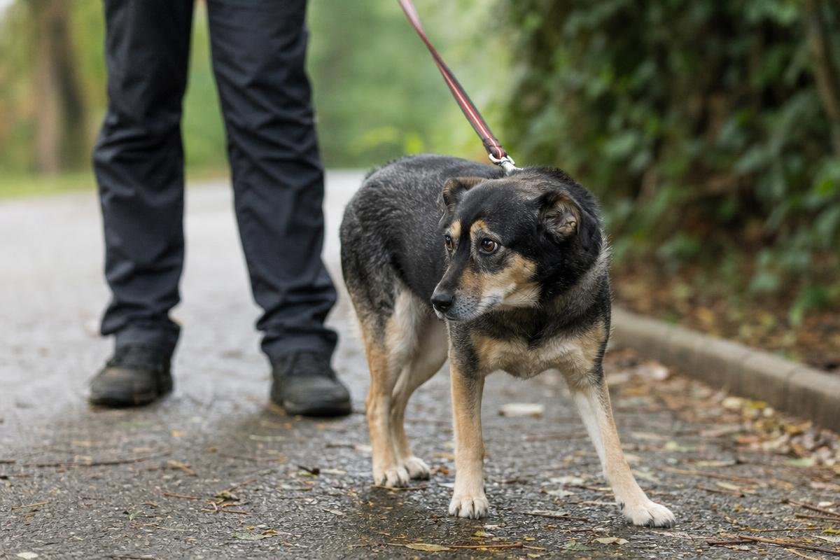 Nervous rescue dog standing on leash during a walk