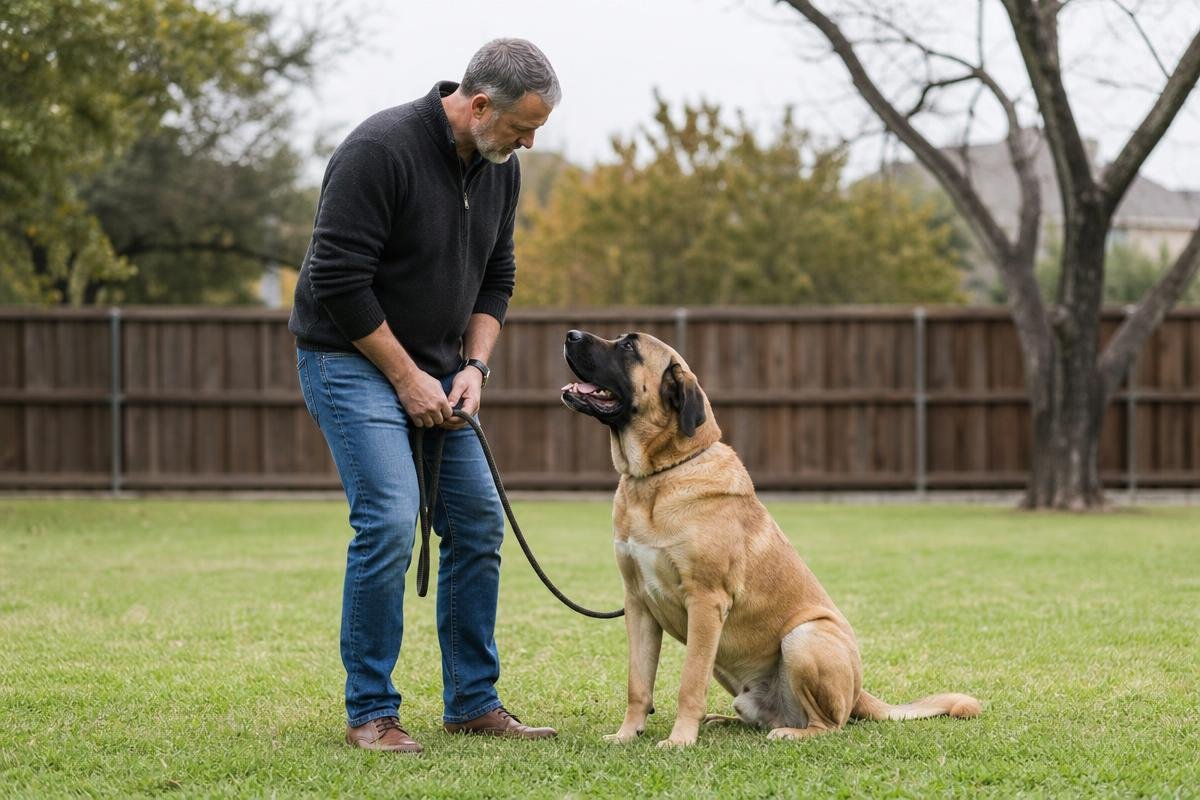 Trainer working with a seated dog on leash