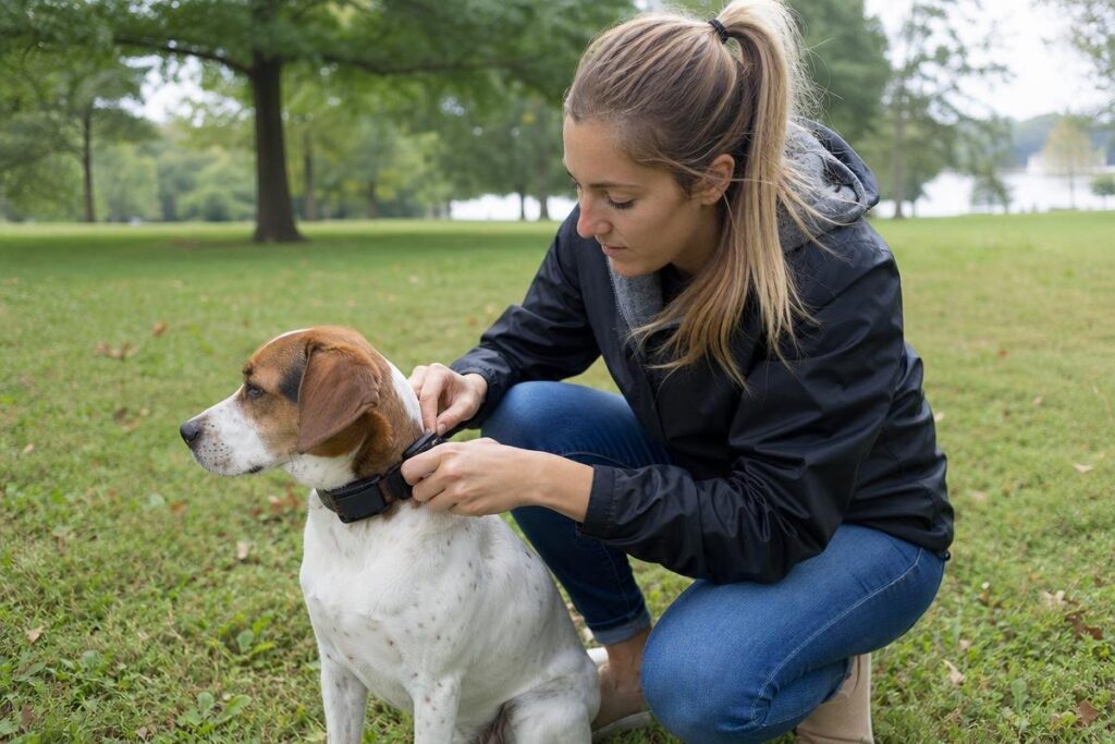 professional fitting a dog training collar during obedience session in Des Moines