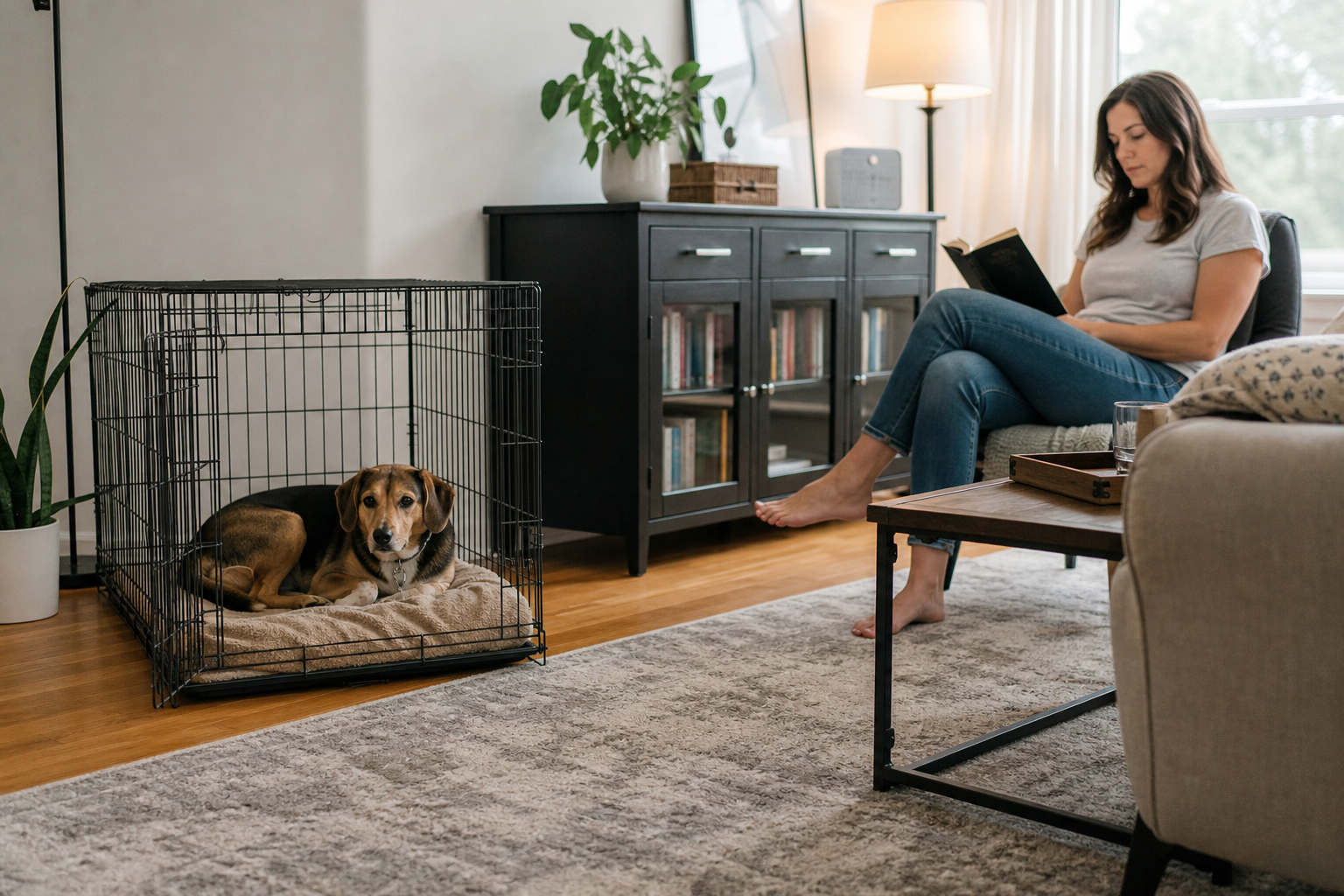 Dog resting in an open wire crate while a woman reads nearby in a living room