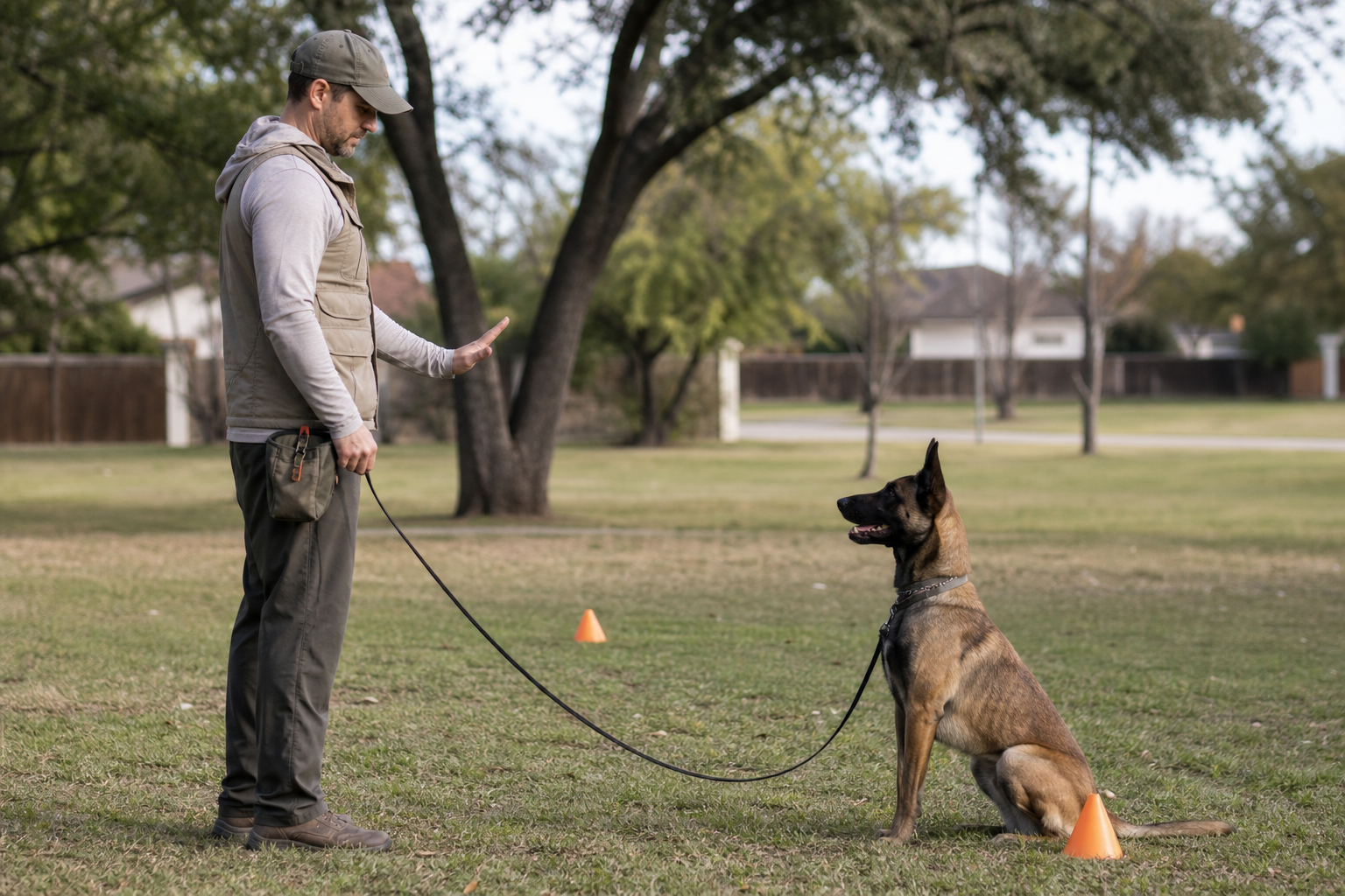 Trainer giving a hand signal to a seated dog on a leash in a park