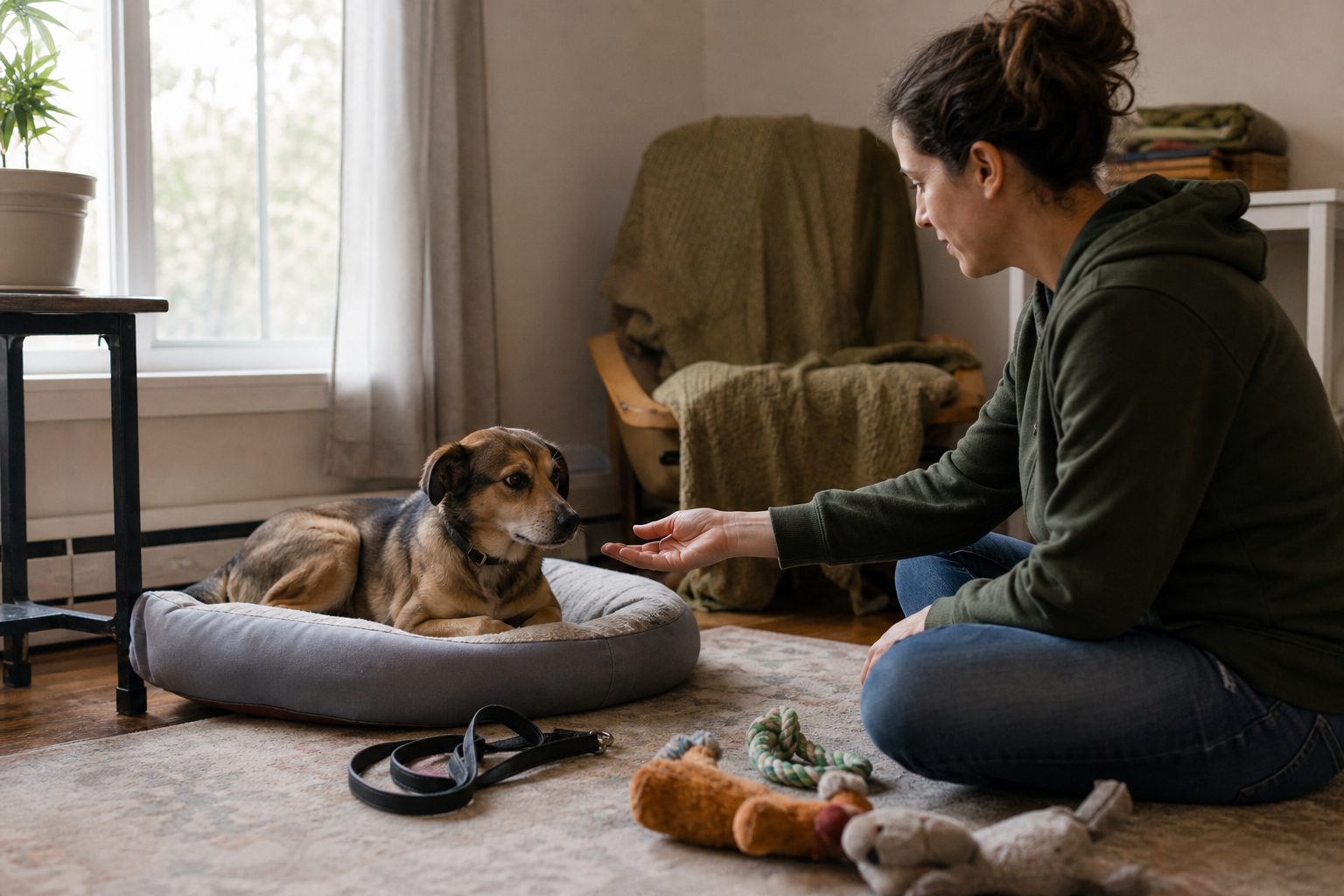 Woman offering her hand to a dog lying on a bed in a living room
